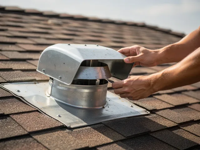 Farmington Dryer Vent Cleaning certified technician safely cleaning a roof-mounted dryer vent in Farmington