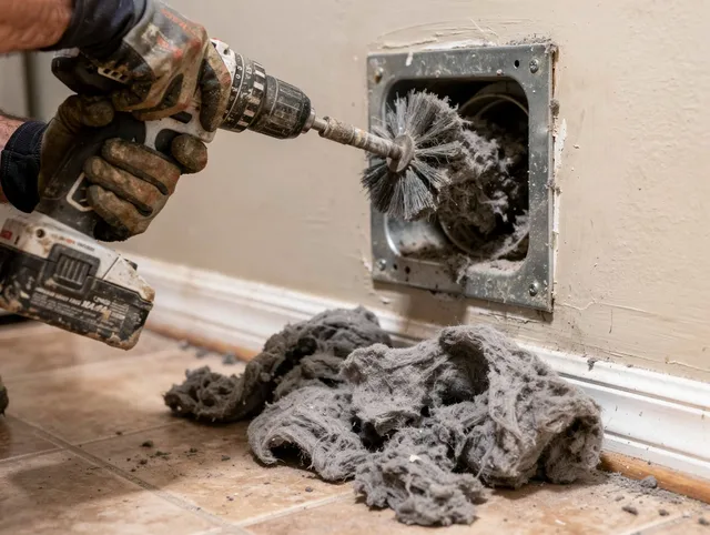 Certified Farmington Dryer Vent Cleaning technician performing dryer vent cleaning in Farmington