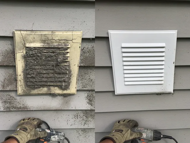 Farmington Dryer Vent Cleaning technician installing high-quality dryer vent cover at a residential property in Farmington