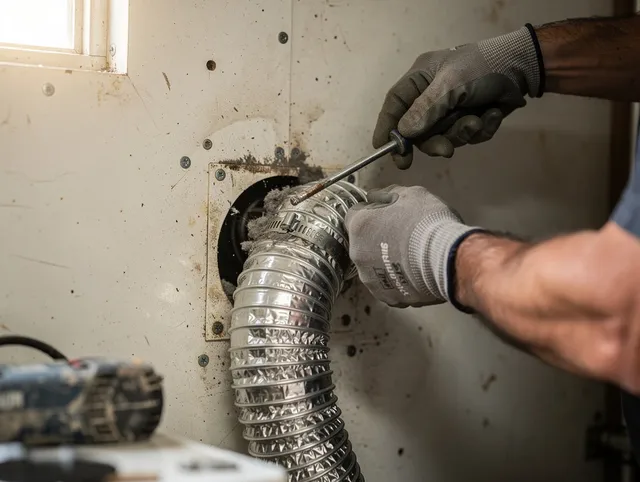 Farmington Dryer Vent Cleaning technician performing precise dryer vent hose installation in Farmington